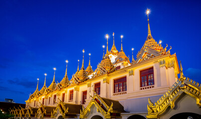 Loha Prasat or iron castle at Wat Ratchanatdaram, buddhist temple at night in Bangkok, Thailand, Bangkok landmark