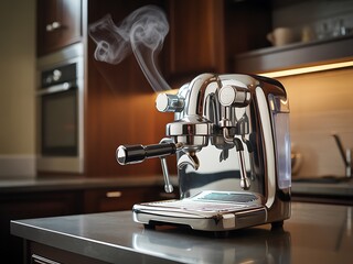 A gleaming espresso machine releasing steam in a warm and modern kitchen setting