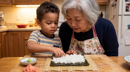 Elderly woman teaching young boy to make sushi together