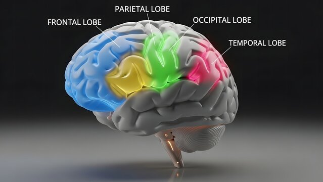 3D rendering of a human brain showing the four main lobes: Frontal, Parietal, Occipital, and Temporal, each highlighted in a different color.