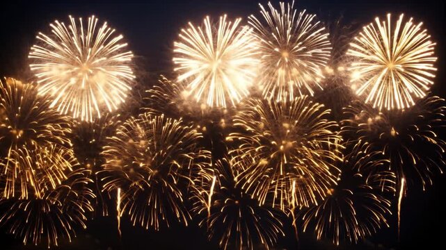 Golden fireworks light up the night sky in a celebratory display.