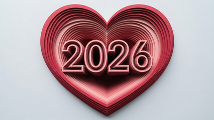 Red heart shaped 2026 sign, layered paper cutout design, Valentine's day concept