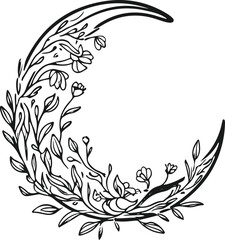 Minimal line art of crescent moon made of intertwined wildflowers and leaves, mystical botanical sticker design 2 © MdRubel