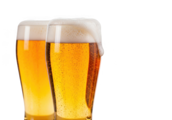 Two glasses of golden beer with frothy foam, isolated on transparent background