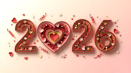 2026 New Year Celebration with Red Heart and Confetti