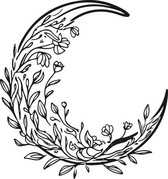 Minimal line art of crescent moon made of intertwined wildflowers and leaves, mystical botanical sticker design 2
