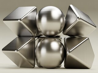 A symmetrical composition of brushed metallic spheres and geometric polyhedrons