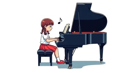 Girl plays piano in cartoon style