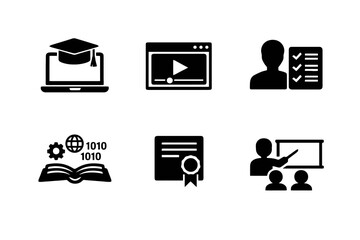 E-learning and online training icon set in black flat vector style. Clean education symbols for digital classrooms, websites, and course platforms.
