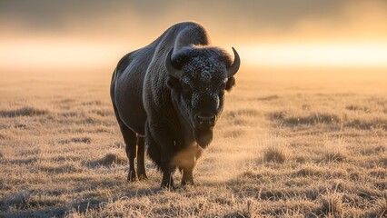 A majestic bison stands in a frosty field during a misty sunrise, with golden light in the background.