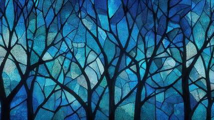 Colorful design of tree branches in blue tones against a textured background with light elements