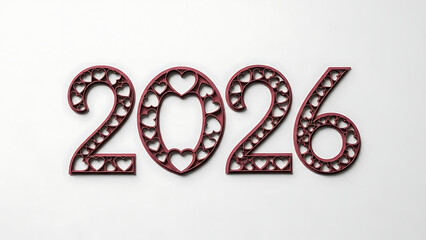 Red 2026 Year Number with Heart Cutouts on White Background