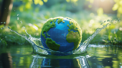 A vibrant blue Earth globe with green continents and grid lines creating a refreshing water splash