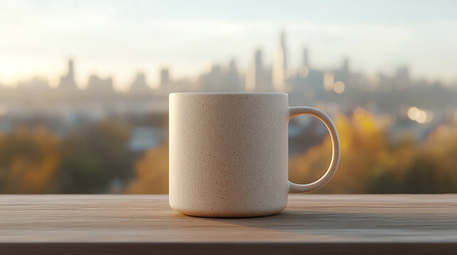 A cozy cup of coffee sits on a wooden table, with a blurred cityscape in the background, evoking warmth and comfort.