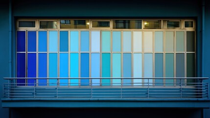 Building facade with gradient blue windows and balcony
