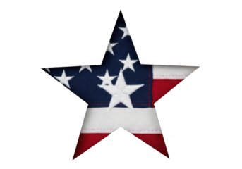 A fivepointed star shape filled with the pattern of the american flag, isolated on a transparent background