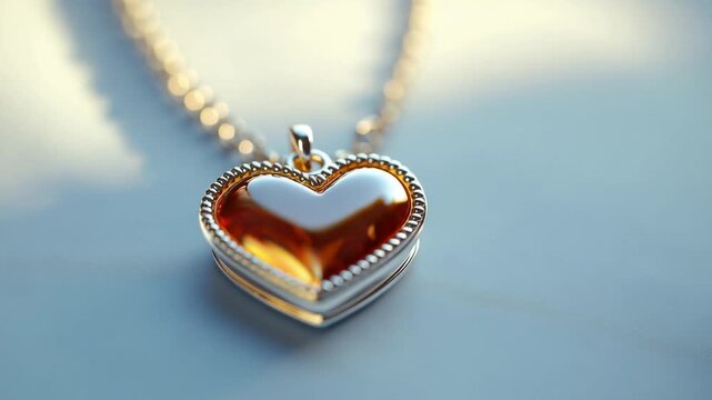 Heart-shaped locket with a silver chain and a golden interior on a plain background