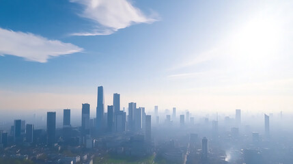 Fototapeta premium A stunning skyline view of tall buildings silhouetted against a bright sky, showcasing modern architecture and urban beauty.