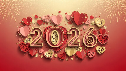 2026 New Year Celebration Background with Hearts and Fireworks