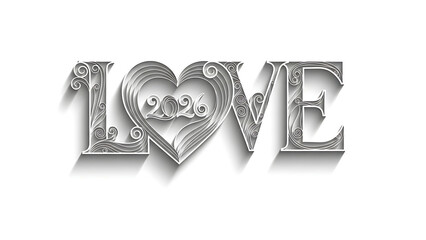 Love 2026 silver ornate heart typography on white background