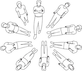 Extensive set of clean line top view silhouettes of people in various poses, perfect for enriching interior design plans, architectural drawings, and wayfinding graphics