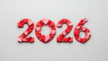 2026 Year with Red Hearts on Gray Background, New Year Concept