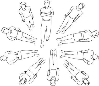 Extensive set of clean line top view silhouettes of people in various poses, perfect for enriching interior design plans, architectural drawings, and wayfinding graphics