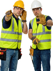 Two male construction workers wearing hard hats safety vests and protective gloves gesturing and looking intently man people industry team building professional equipment