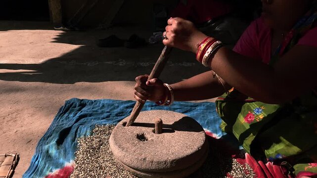 An Indian woman in a rural village uses a traditional hand-operated millstone (quern) to grind black gram lentils, showcasing authentic village life, heritage food preparation, and indigenous househol
