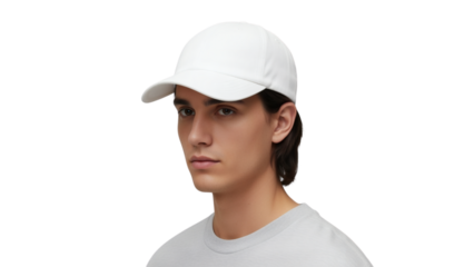 A young man with light skin, dark hair and piercing eyes, wearing a solid white baseball cap and a light grey shirt