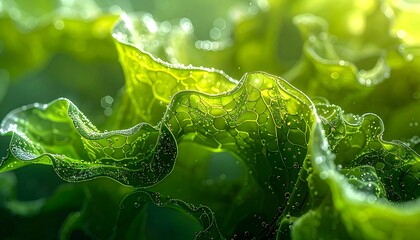 Close-up of vibrant green lettuce leaves with dew drops glistening in sunlight.