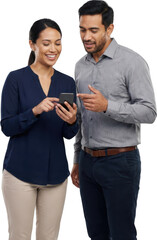 A smiling woman and a man look at a smartphone together with the woman pointing at the screen and the man leaning in attentively technology people communication mobile connection
