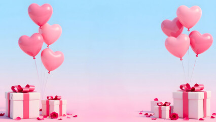 Valentine&rsquo;s Day background featuring hearts, valentines day greeting card, red roses, balloons, and gifts