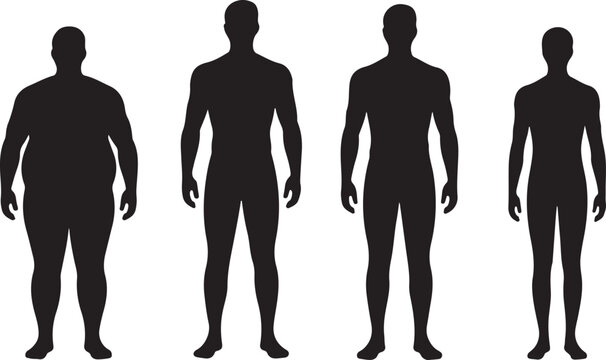 Four male silhouettes showing a progression from overweight to fit and muscular