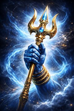 Divine hand of shiva holding the sacred trishula trident in a powerful cosmic vortex