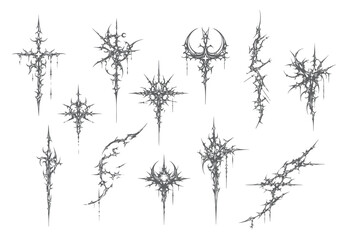 Neo-Tribal Cybersigilismc Vector Set: Gothic Futuristic Linework, Occult Tattoo Core Symbols, Modern Cyberpunk Patterns for Streetwear, Clothing Brand Graphics, T-Shirt Design & Edgy Vector