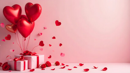 Valentine&rsquo;s Day background featuring hearts, valentines day greeting card, red roses, balloons, and gifts
