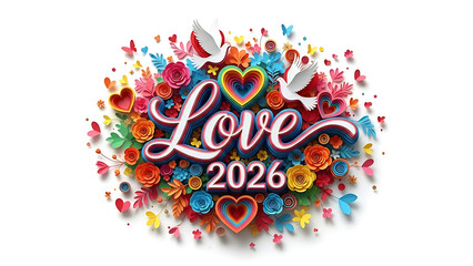 Vibrant Love 2026 Heart Design with Flowers and Doves