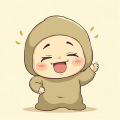 Adorable smiling cartoon character joyfully waving, depicting a cheerful and happy infant in a cozy, simple costume, radiating pure delight and friendliness and a welcoming gesture