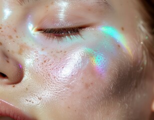 Fototapeta premium Close-up Portrait of Glowing Skin with Rainbow Light Effect Beauty