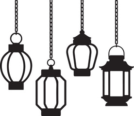 A simple illustration of four hanging lanterns in a black and white style