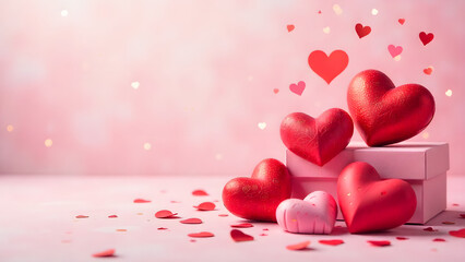Valentine&rsquo;s Day background featuring hearts, valentines day greeting card, red roses, balloons, and gifts