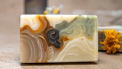 Artistic Handmade Soap Bar with Swirling Colors and Natural Patterns.