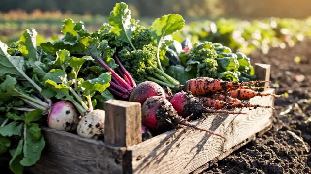 Fresh Carrots and Greens on Wooden Garden Bed in Sunlight