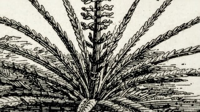 Monochrome botanical illustration of a plant with long, feathery leaves and a central stalk.