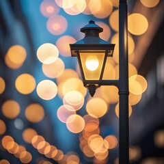 An antique metal street lamp with a glass lantern glows against the dark night sky, casting electric illumination from its vintage post mounted on an old wall