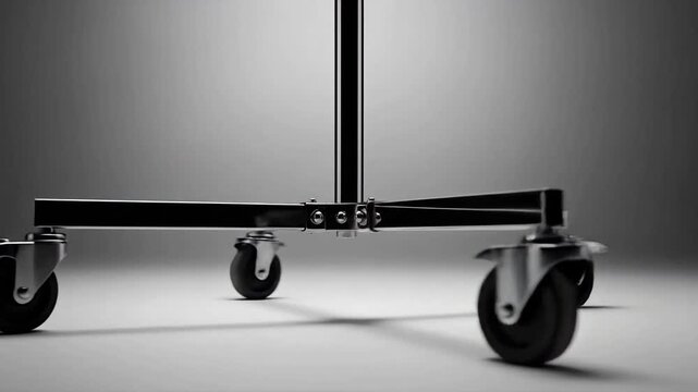 A metal stand with wheels rests on a gray surface, casting soft shadows.