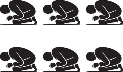 Six silhouettes of people in a praying or supplicating posture black and white