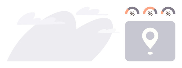 Business analytics, data tracking, location monitoring, performance metrics, infographic design, technology interface. A dashboard with a location pin and percentage indicators. Business analytics