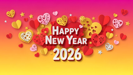 Happy New Year 2026 colorful heart and star celebration background